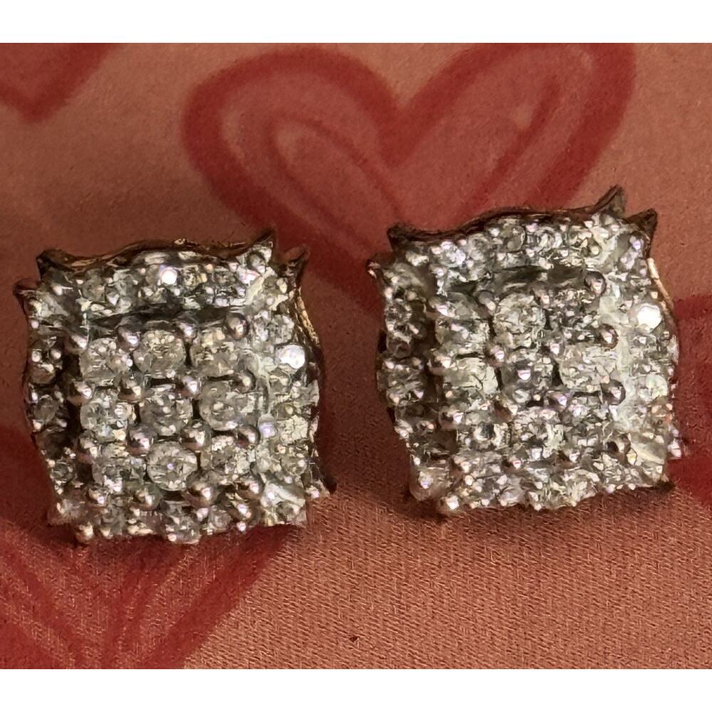 Vintage Sterling Silver 925 Pavé Diamond Square Stud Earrings Total 42 Diamonds - Picture 2 of 9